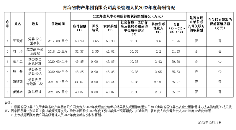 集团高级治理人员薪酬信息披露